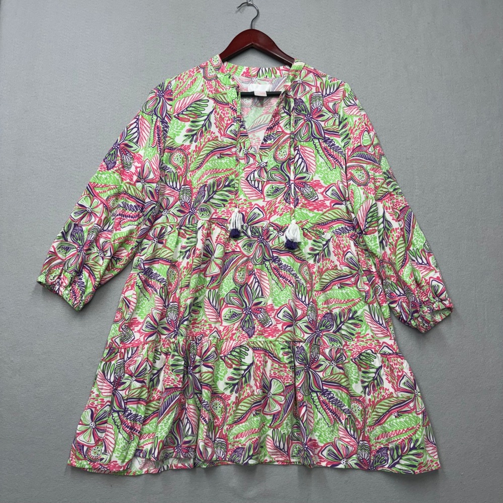 Lilly Pulitzer Tunic Dress Women L Pink Green Floral Tiered Long Sleeve Tassel